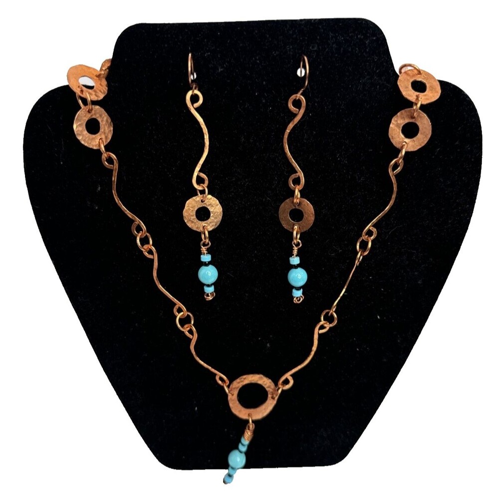Copper Wire Necklace Earrings Set With Turquoise Gemstones Hand Crafted Boho